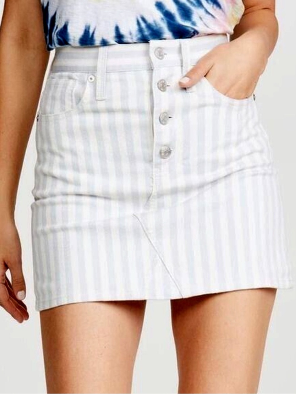 Madewell White & Light Blue Striped Button-Front Mini Skirt
